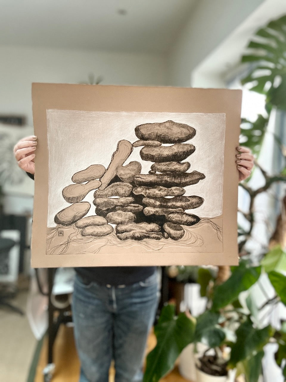Rocks 56x44cm / DRY POINT Etching / Brown paper