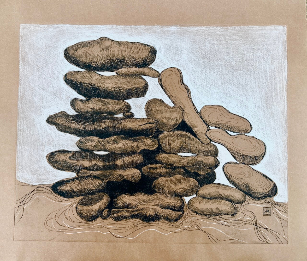 Rocks 56x44cm / DRY POINT Etching / Brown paper