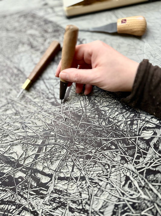 Creating The Shelter Linocut Block