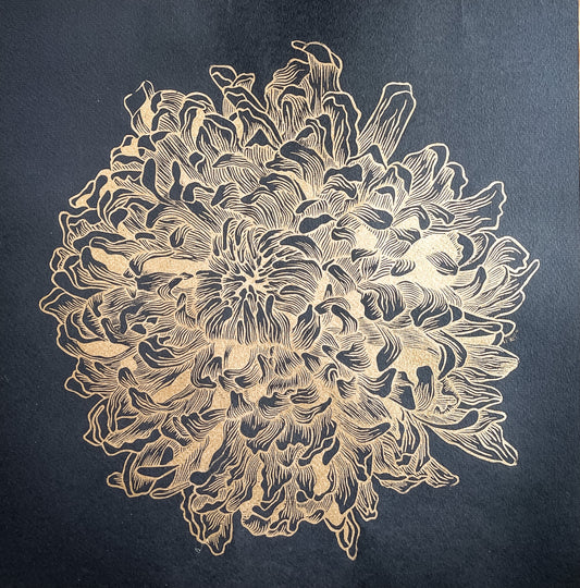 Golden Peony on black paper / 40x40 cm