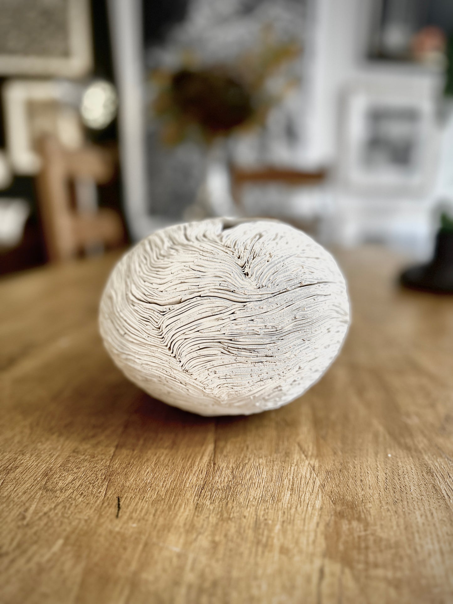 Organic White Ceramic Sphere Vase – Handmade Textured Design