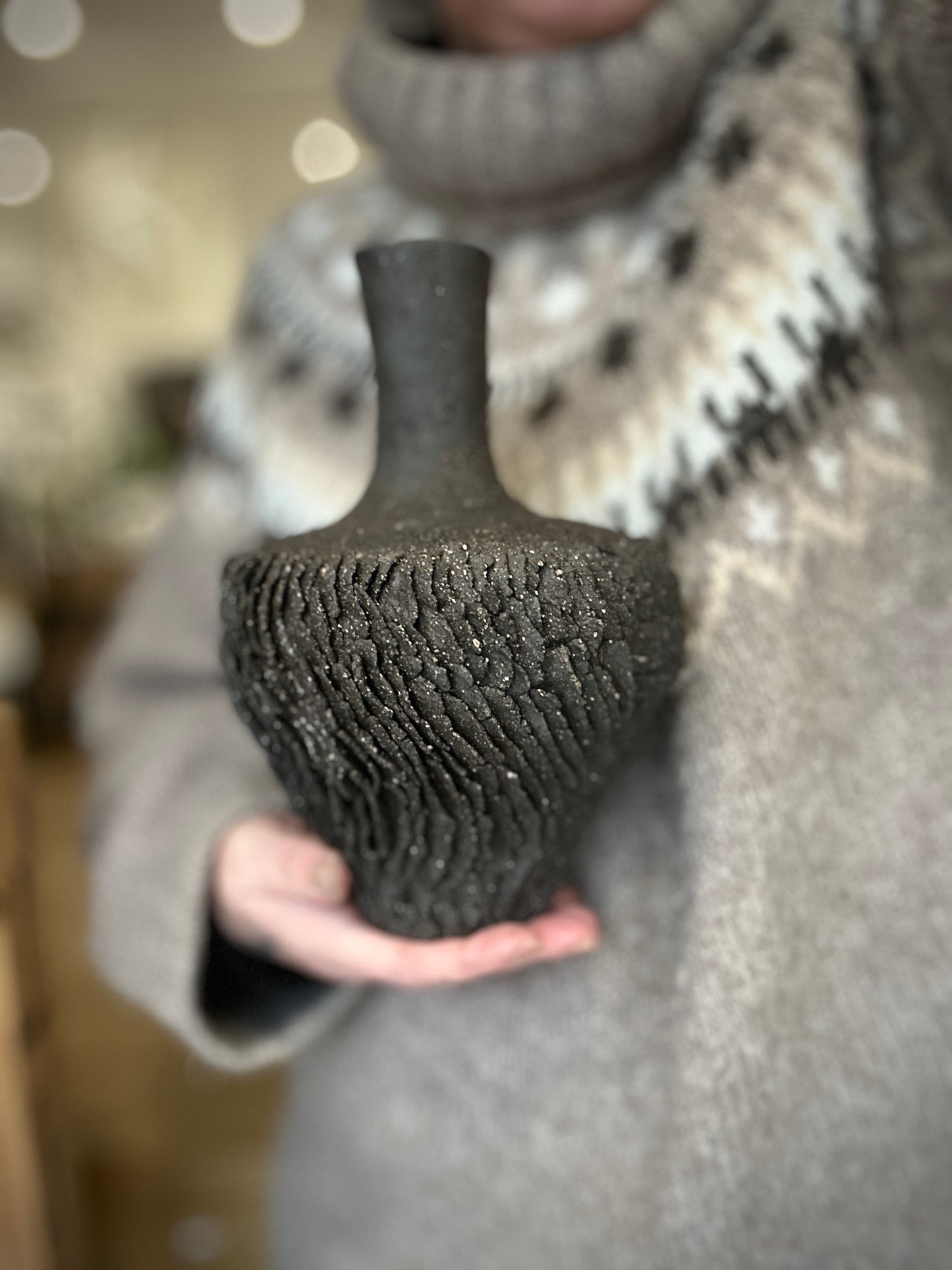 Handmade Black Ceramic Vase – Organic Textured Design