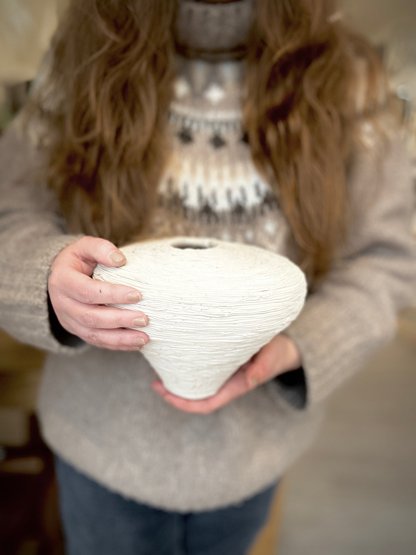 Textured White Ceramic Triangle Vase – Organic Artistry