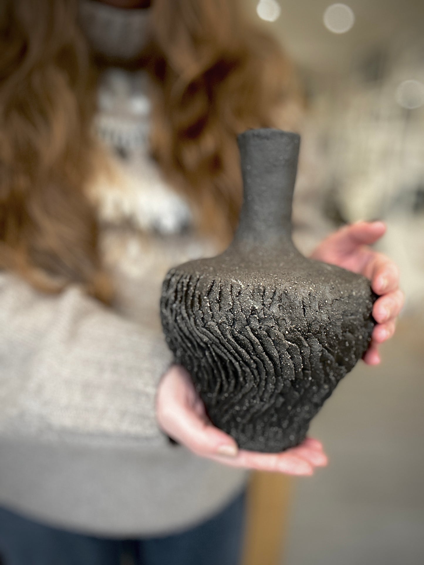 Handmade Black Ceramic Vase – Organic Textured Design