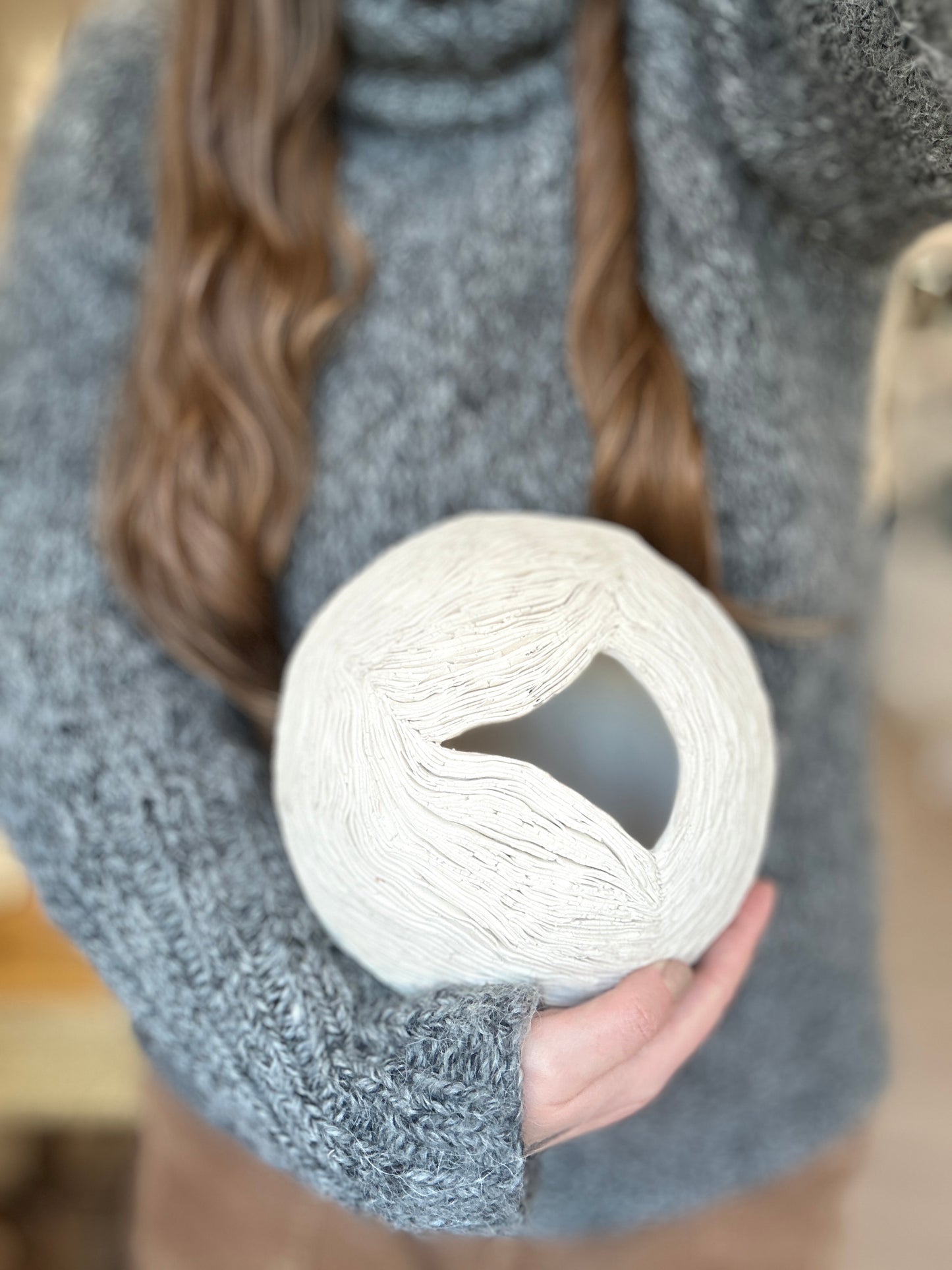 Organic White Ceramic Sphere Vase – Handmade Textured Design